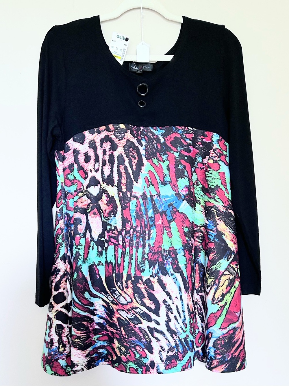 Max Rina Black Tunic with Multicolor Animal-Print Panel